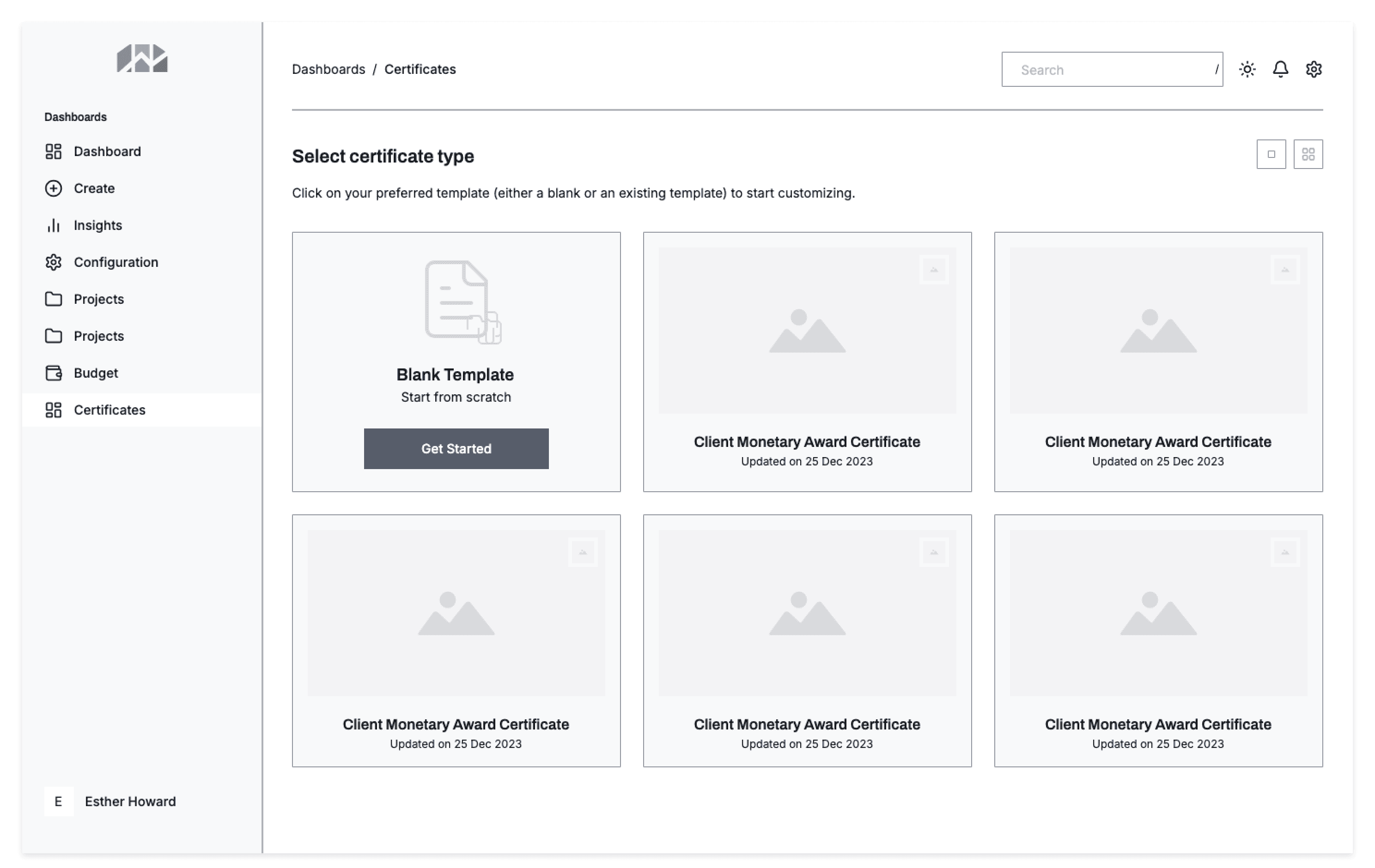 Certificate builder - template selection