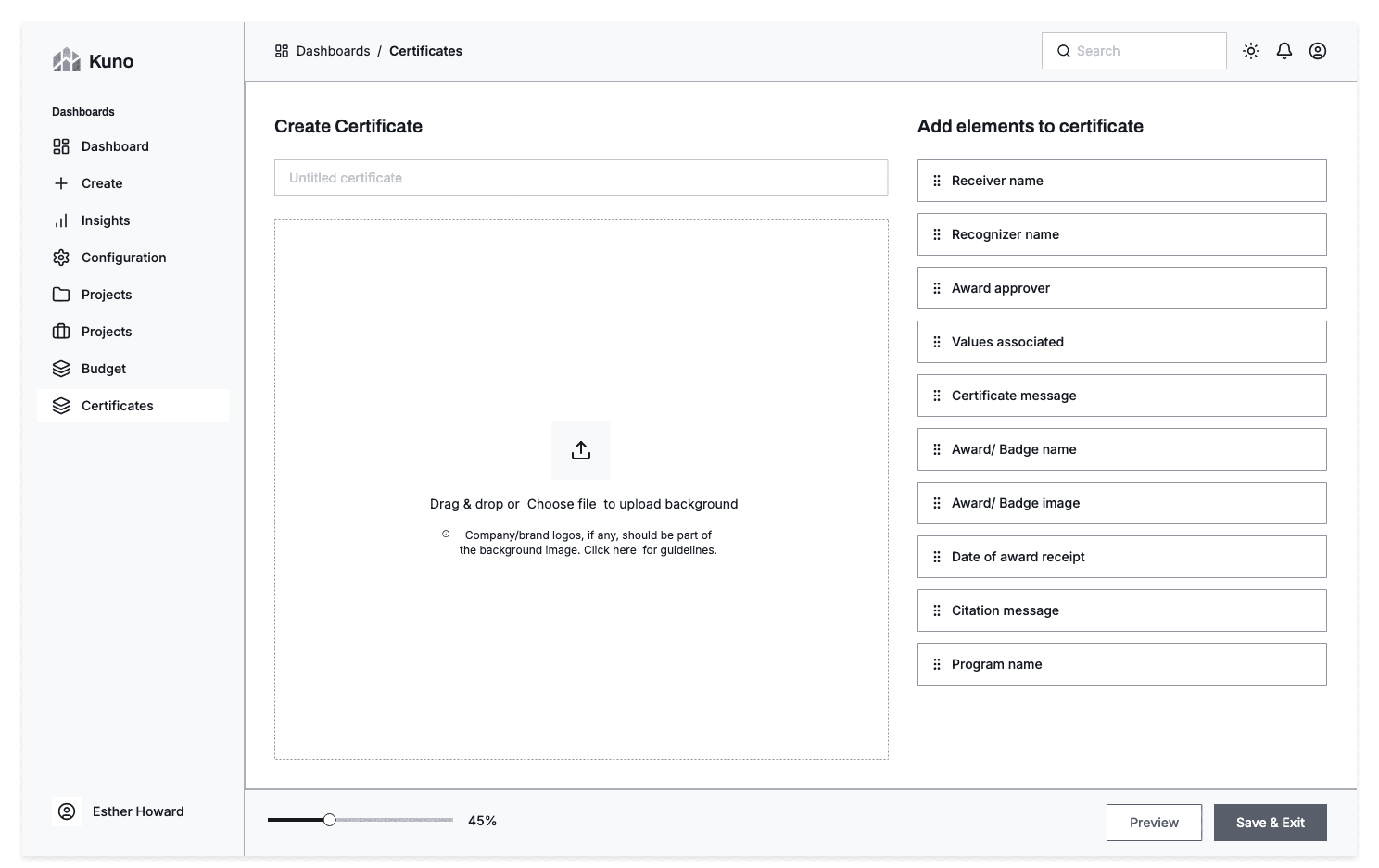 Certificate builder - create certificate with element list