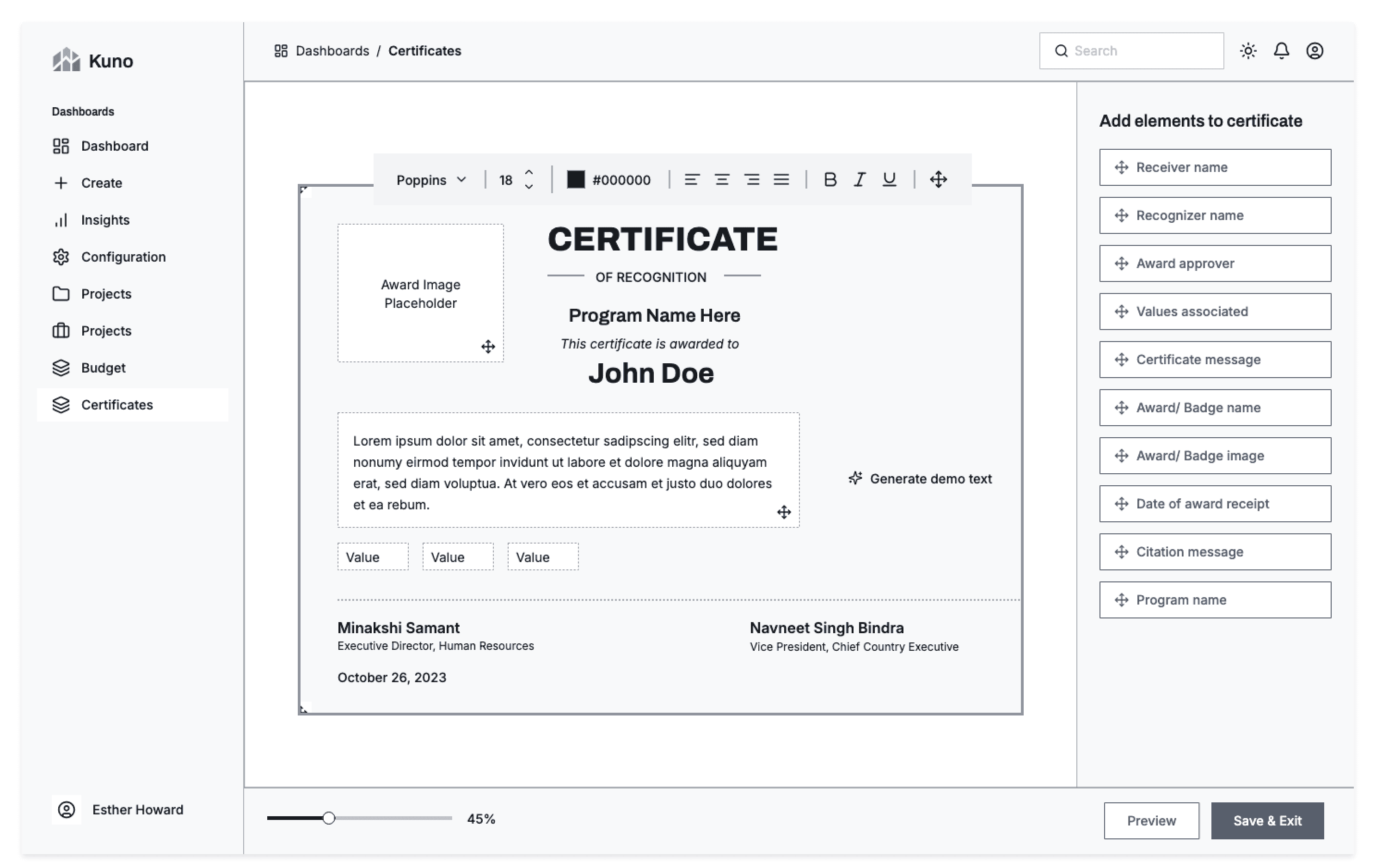 Certificate builder - text formatting