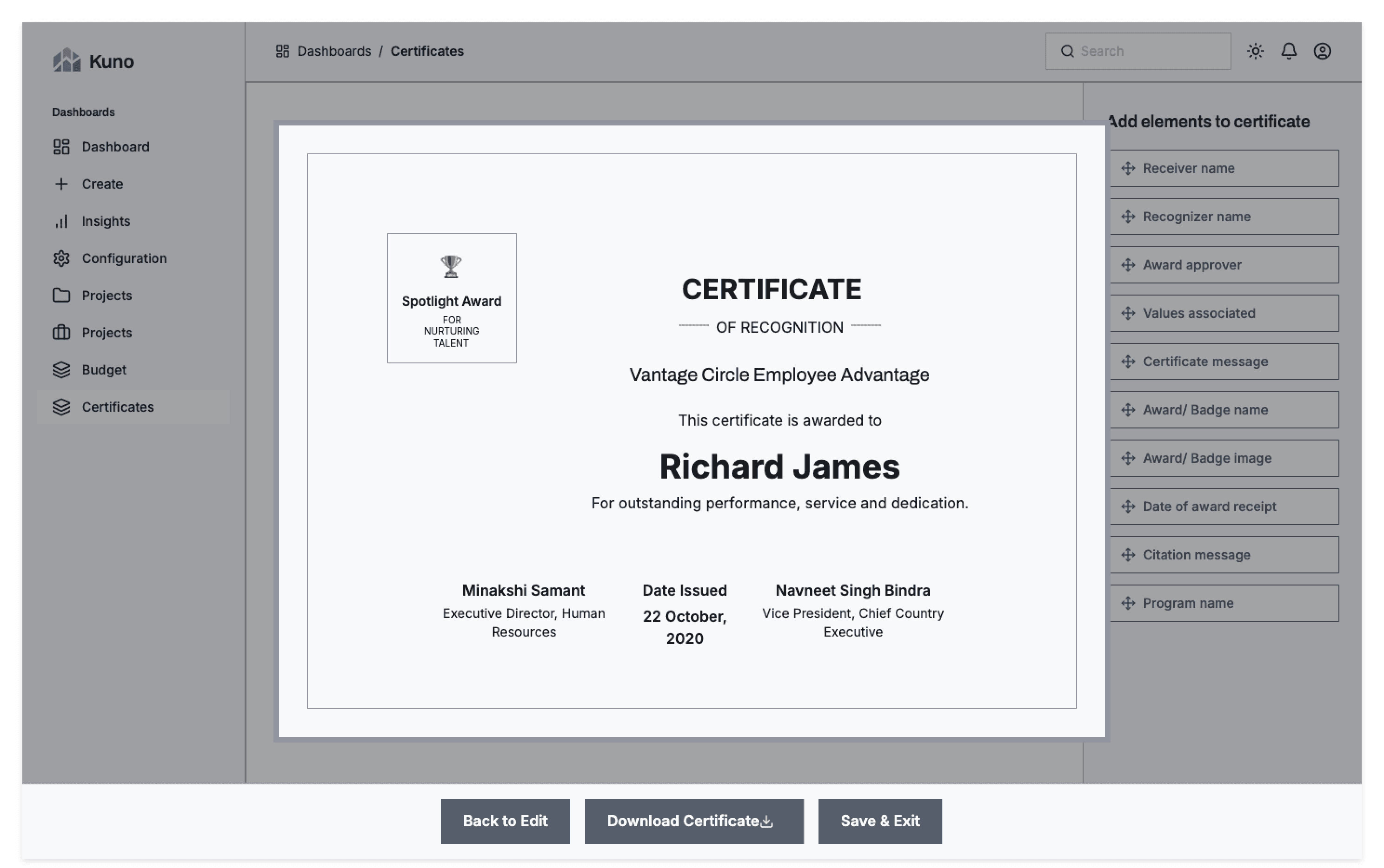 Certificate builder - element arrangement