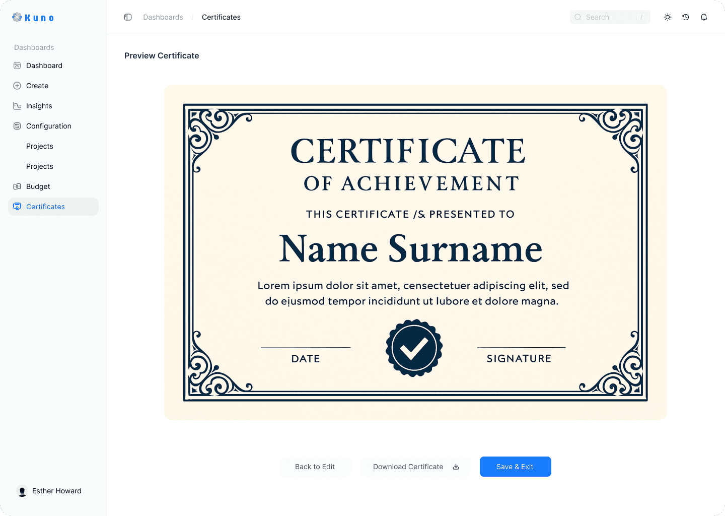 Certificate builder - export confirmation