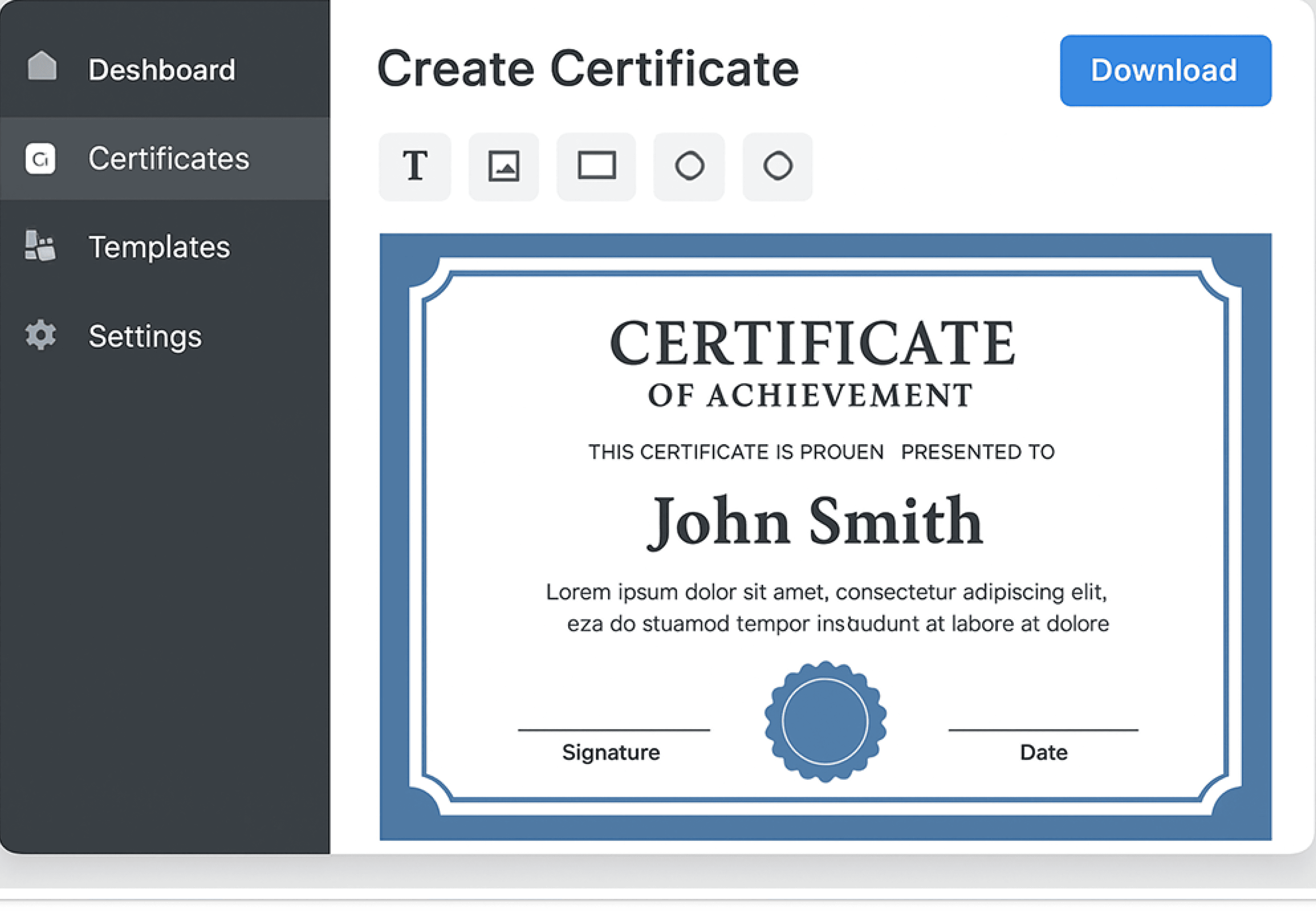 Certificate creation tool inside the HR dashboard