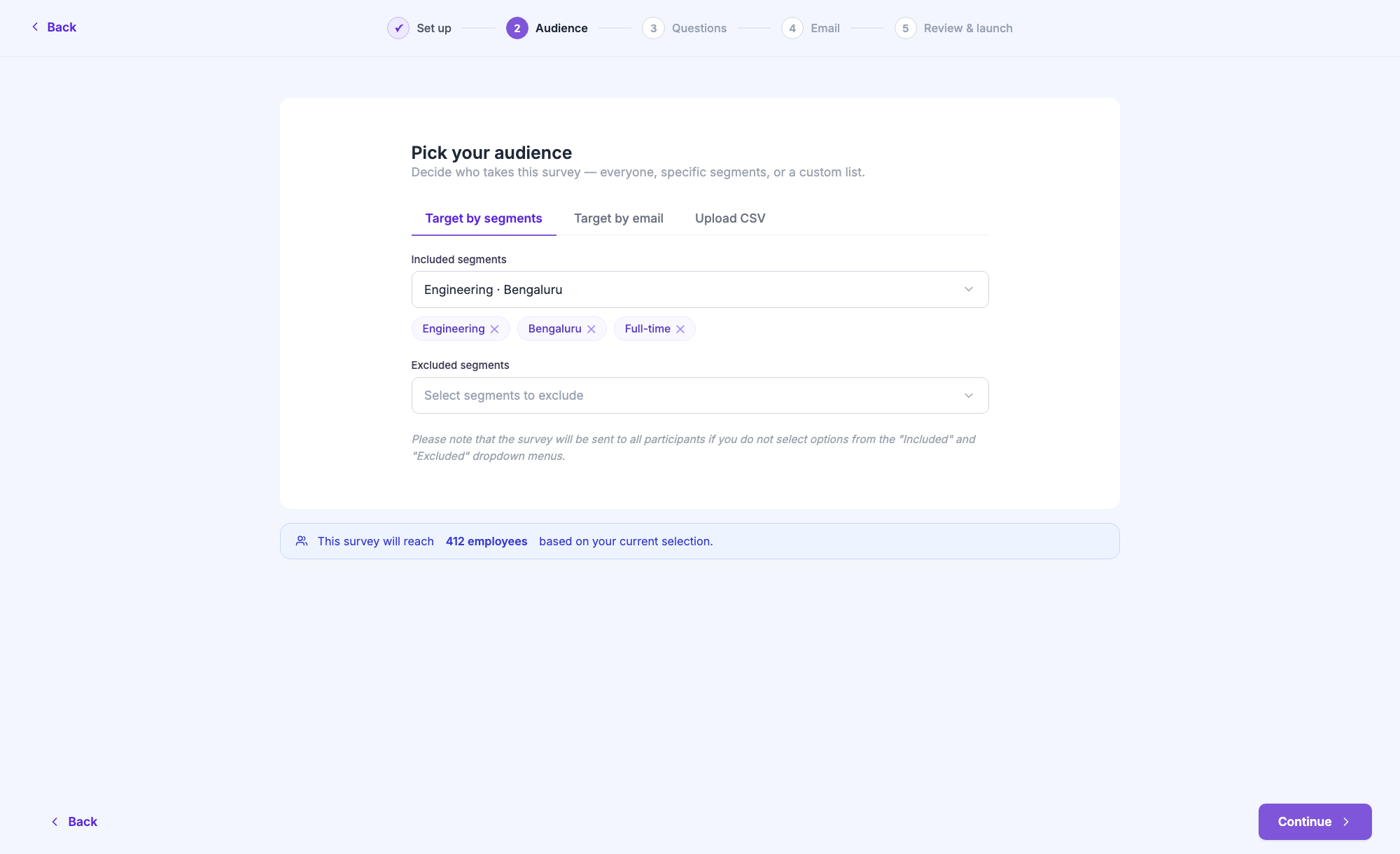 Audience step - segment tabs, included segments as chips, live employee count banner
