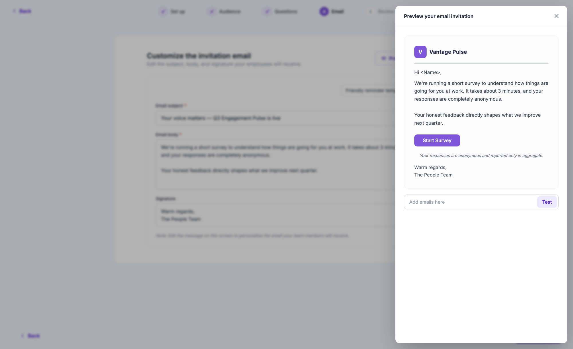 Email step - edit card with subject, body and signature; preview drawer showing the rendered email
