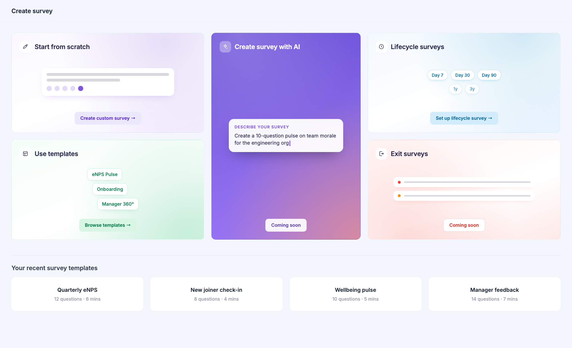 Create survey home - bento grid of five creation paths with recent templates below