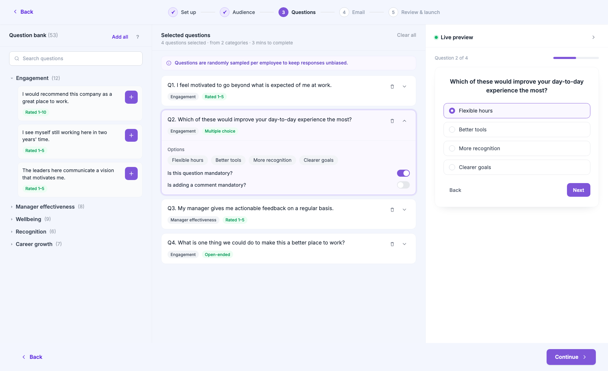 Question builder after - three-panel workspace with question bank, selected questions and live preview