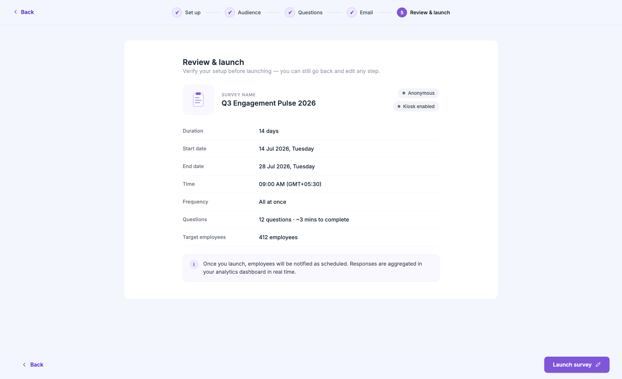 Review and launch step - survey summary rows with tags and launch button