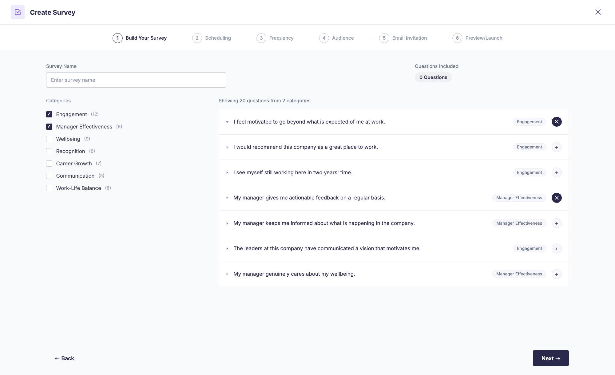 Question builder before - checkbox categories and an accordion list
