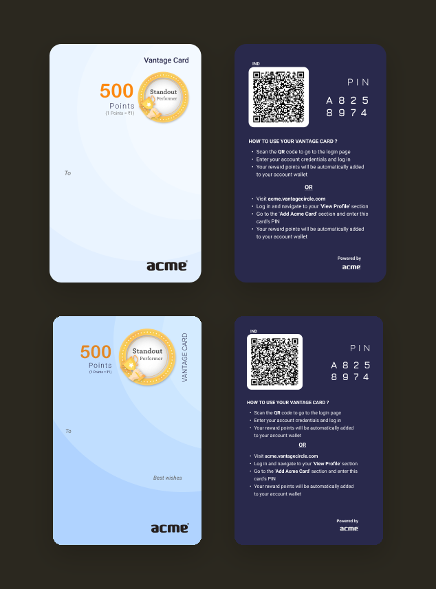 Acme Card - wallet-sized co-branded points card in two colourways, fronts with points value and award, backs with QR code, PIN and how-to-use instructions