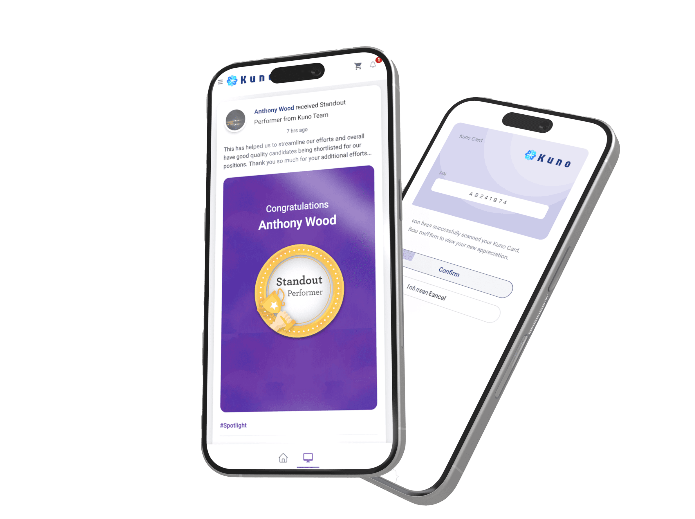 Phygital Appreciation Card - mobile portal showing a recognition post and the card scan flow