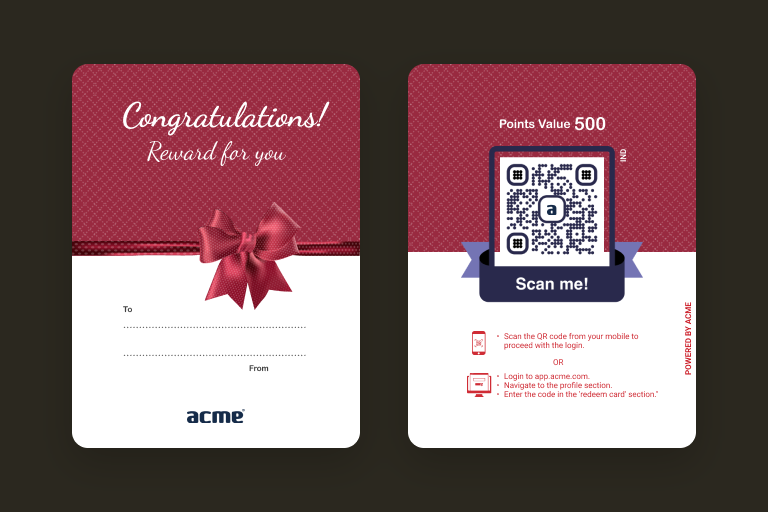 Sample card edition - festive red reward theme with gift bow, front and back
