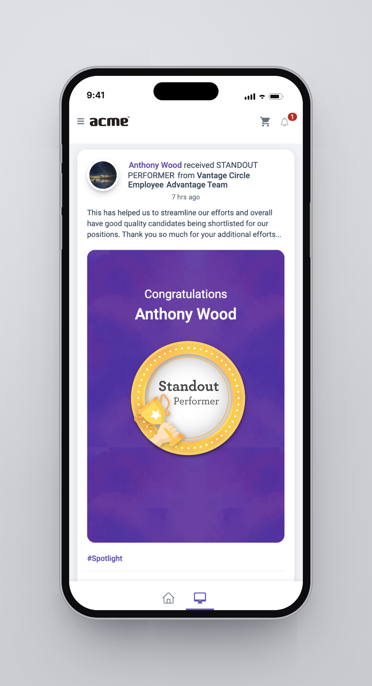 Step 4 - Standout Performer badge with the manager's message