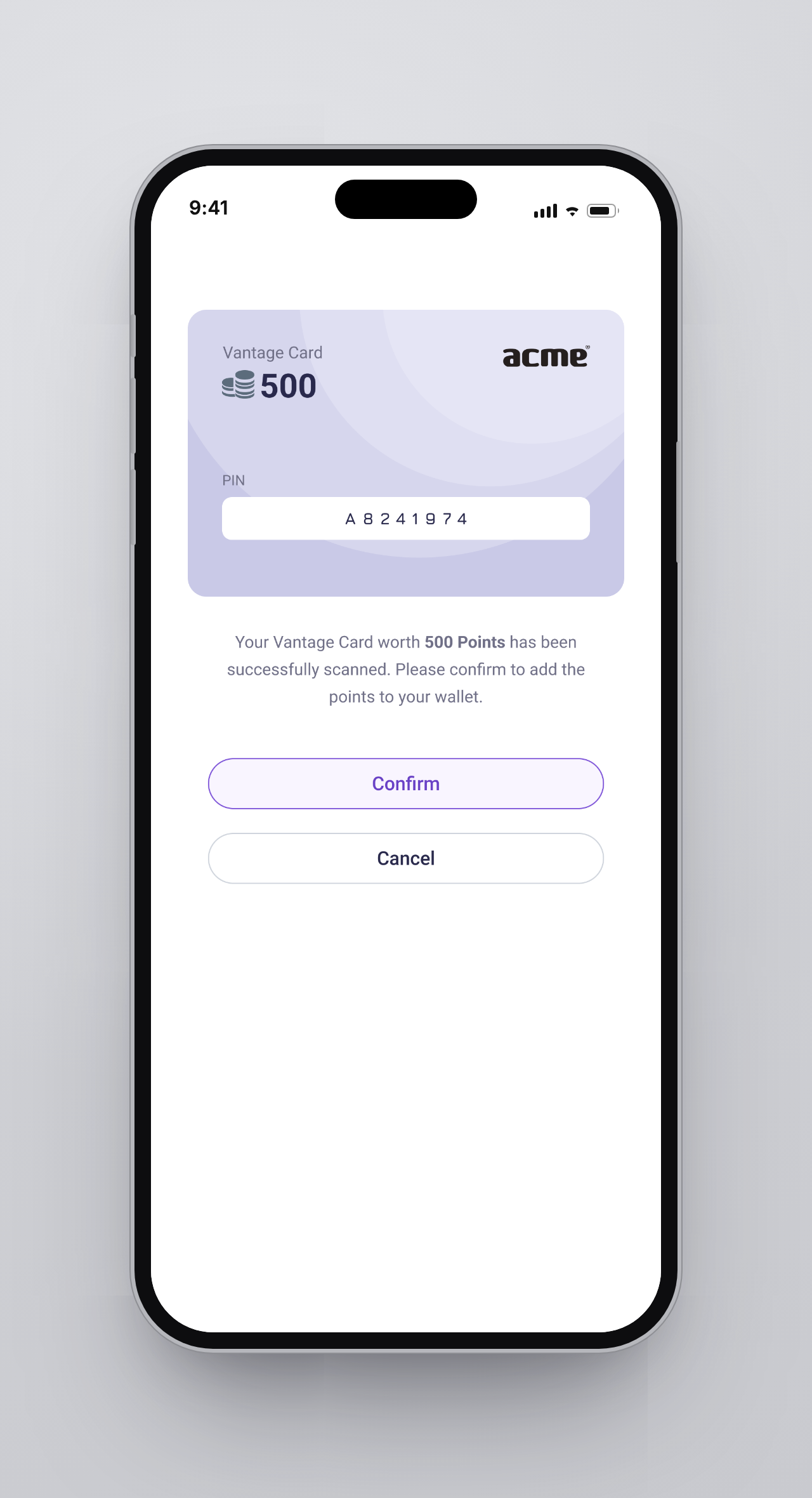 Step 2 - card recognised, 500 points ready to confirm