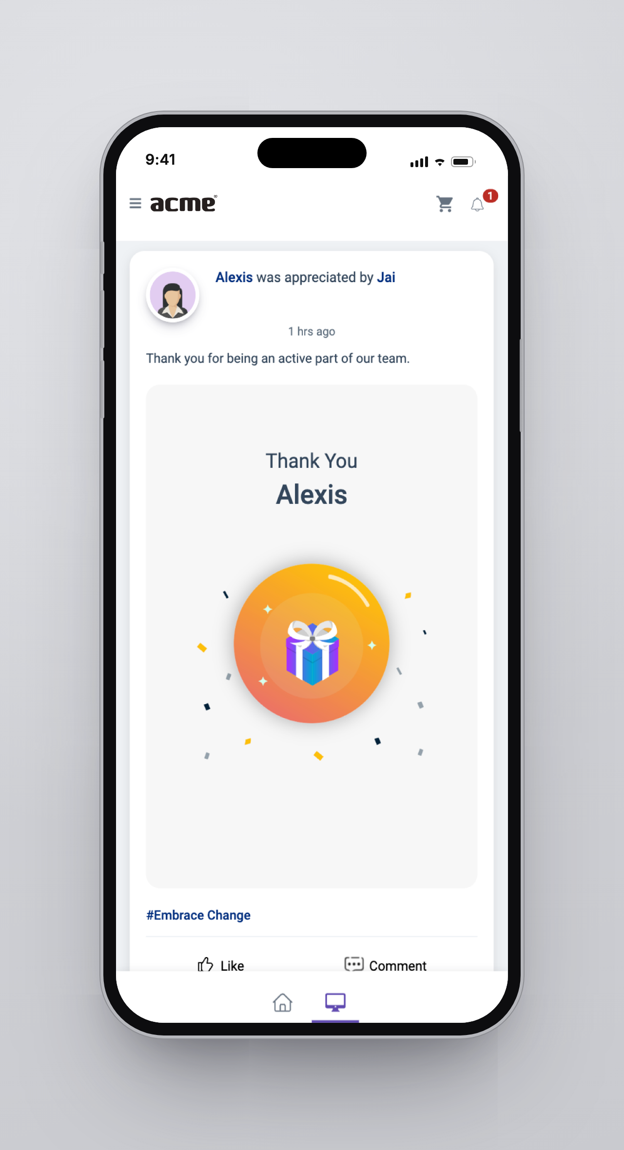 Step 6 - appreciation shared on the company social feed