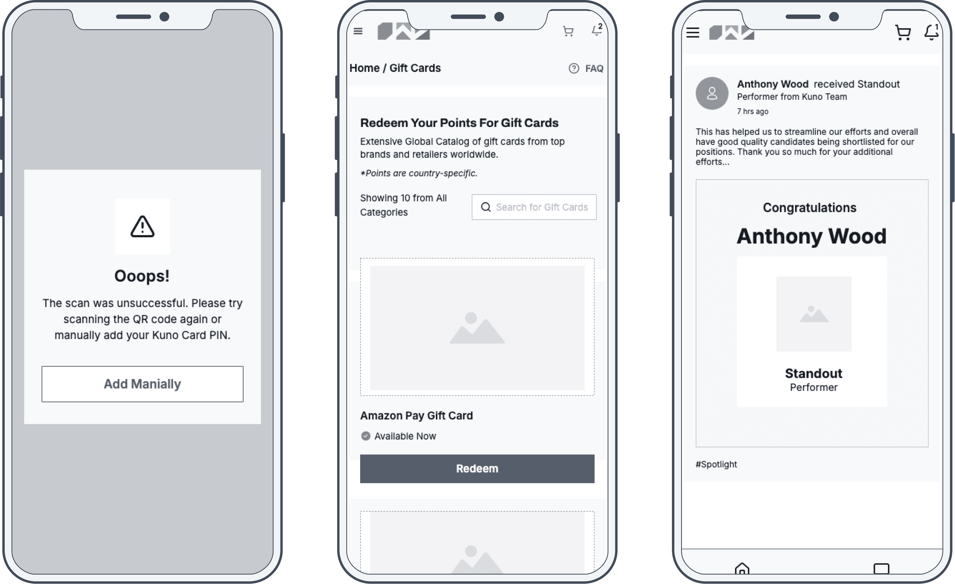 Lo-fi wireframes of the recognition portal - failed scan, gift card catalogue and recognition post