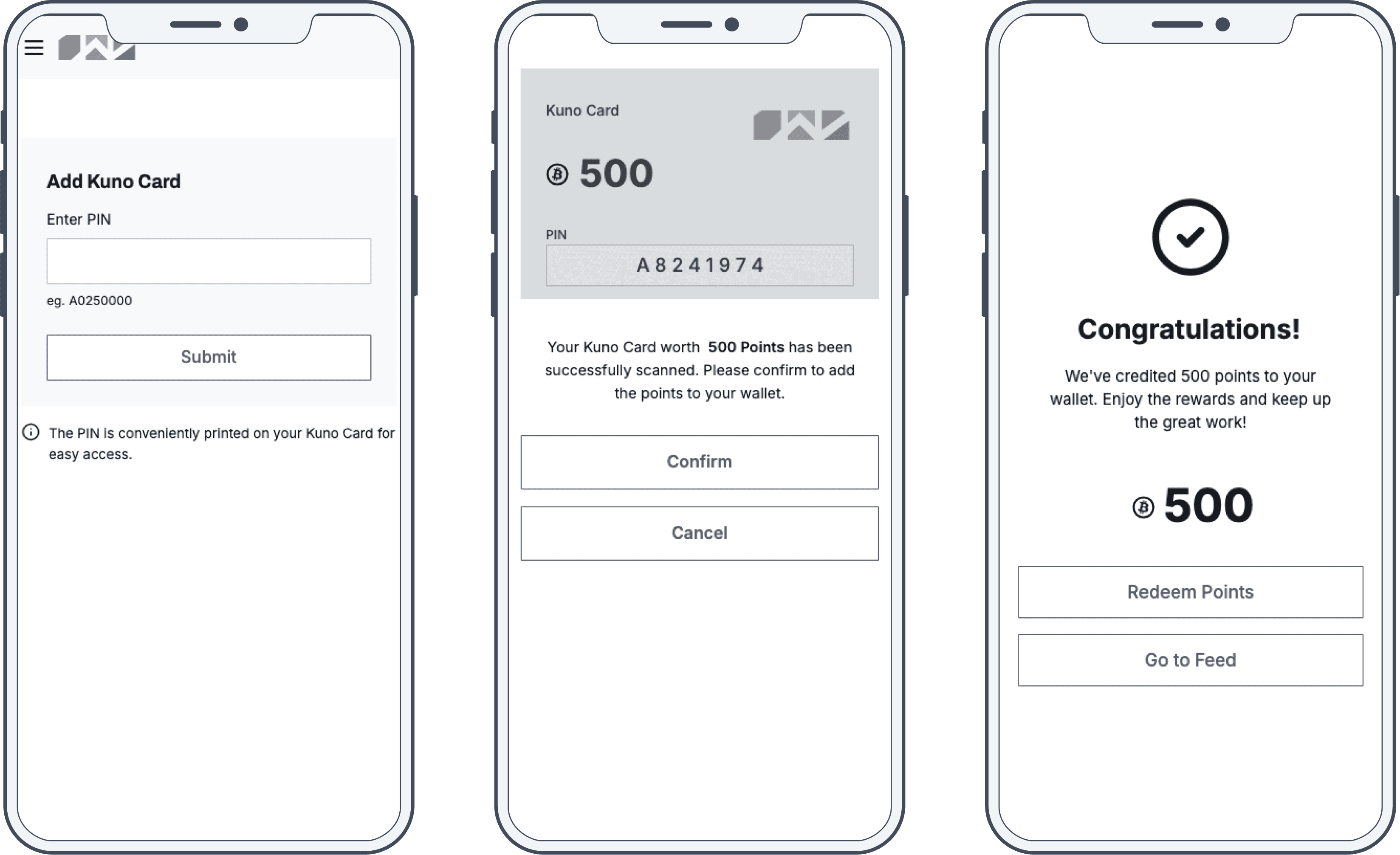 Lo-fi wireframes of the card scan and reward flow - add card by PIN, confirm points, congratulations