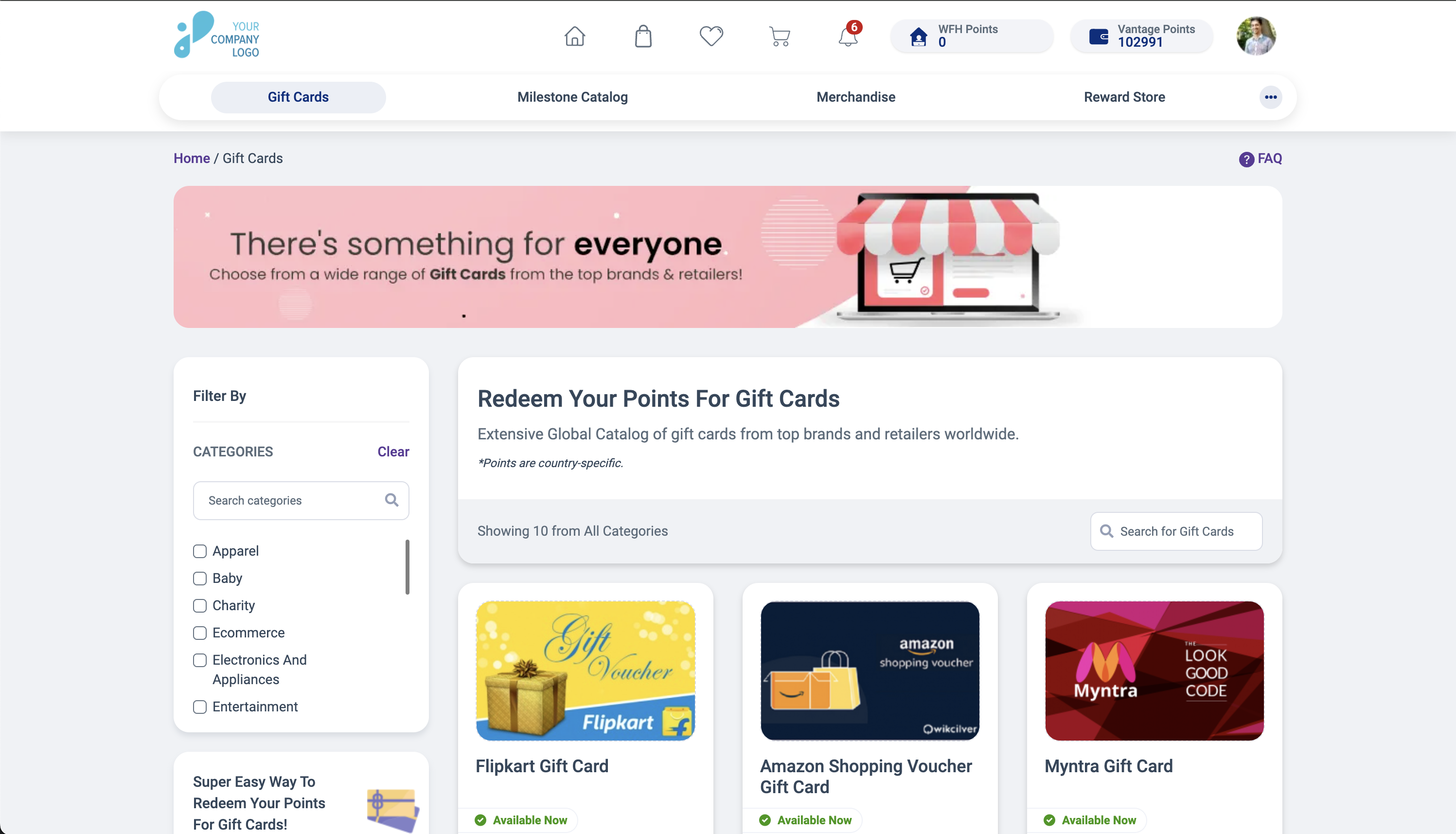 Gift card catalogue before the redesign - a large banner and heading push the cards below the fold