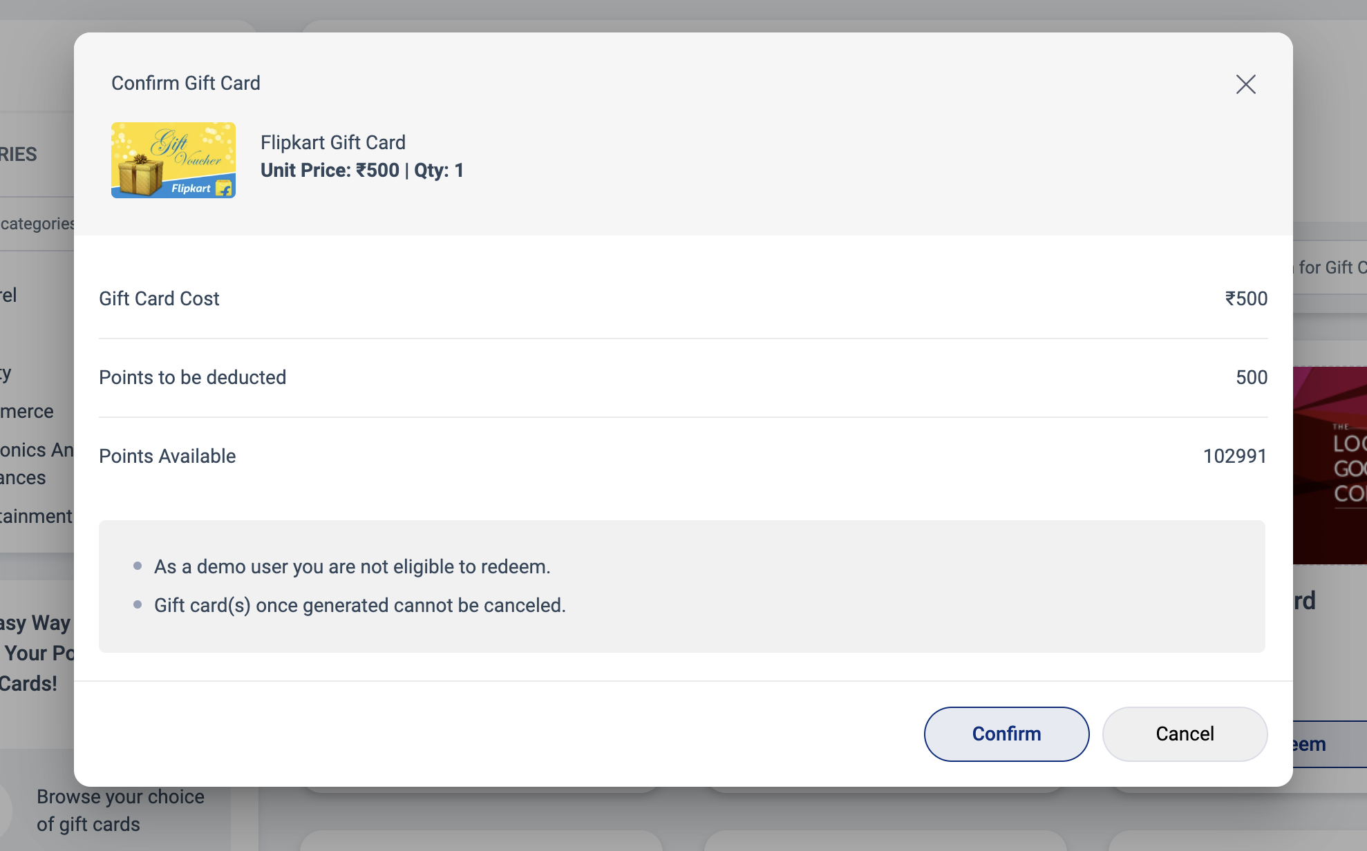 Before - confirm gift card dialog listing cost, points to be deducted and points available as raw numbers