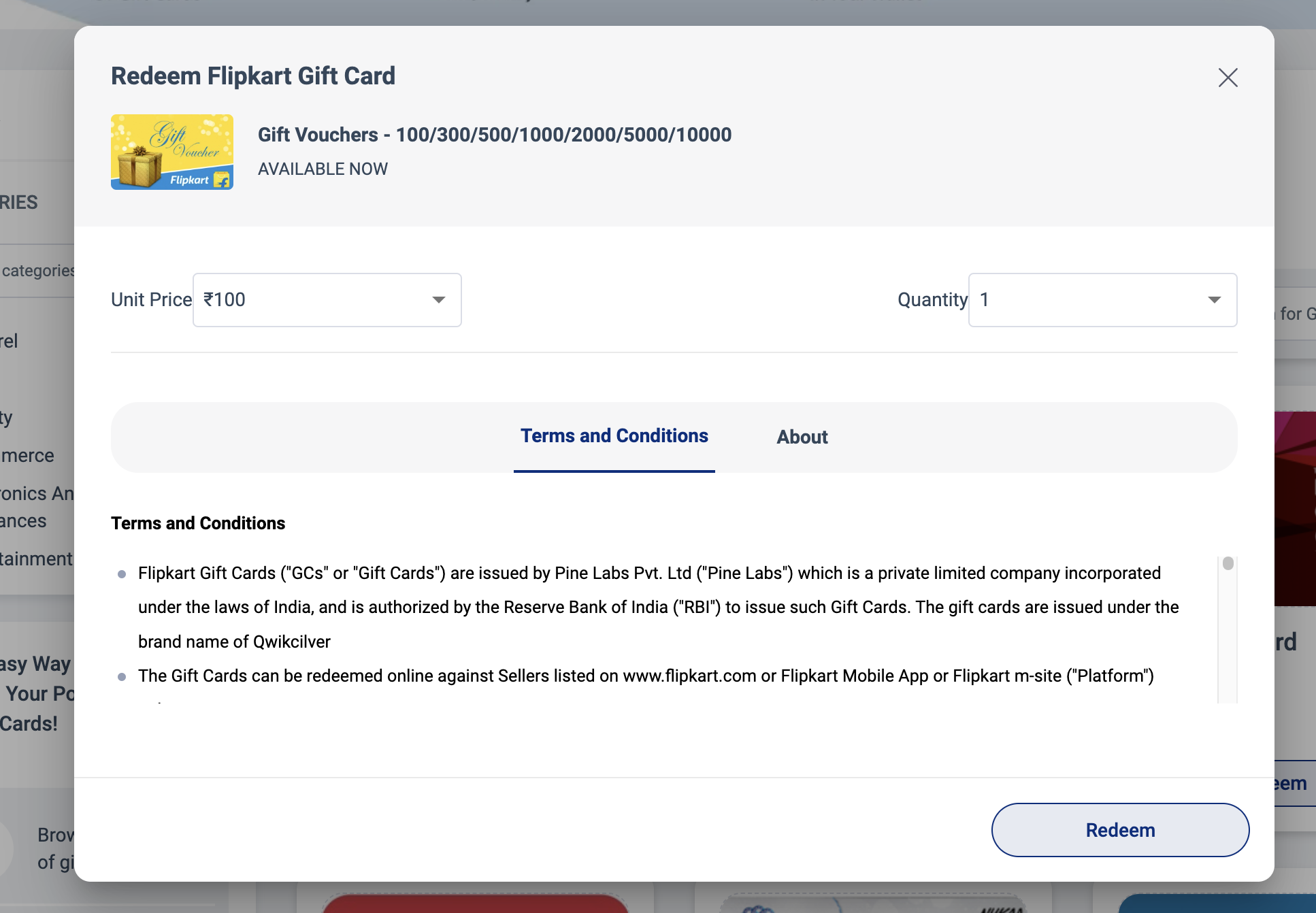 Before - redeem dialog where terms and conditions take most of the space and price plus quantity are minimised