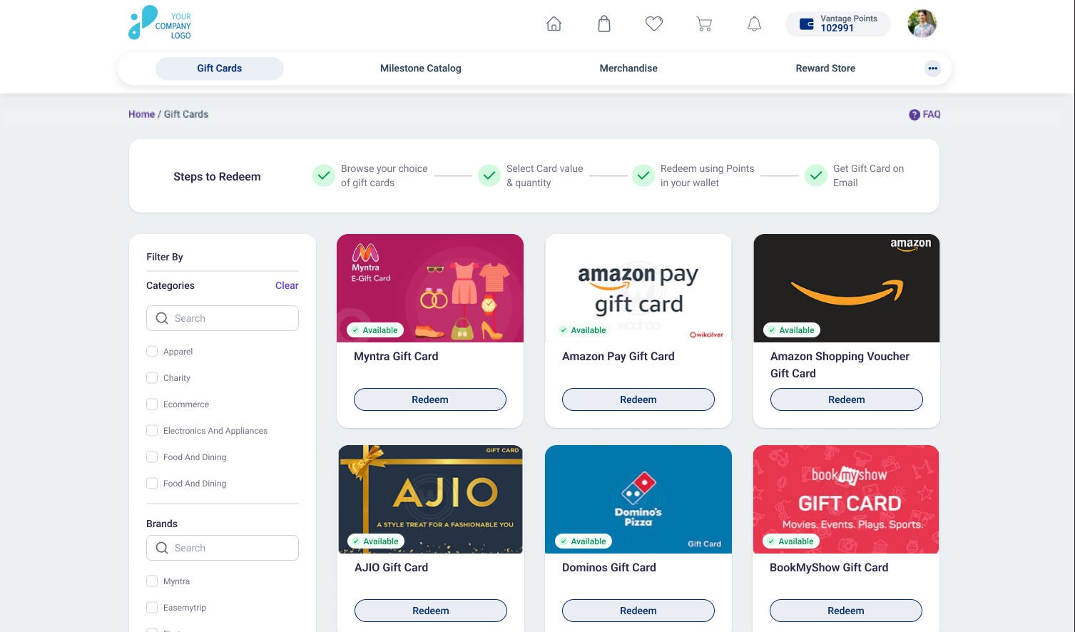Gift card catalogue after the redesign - slim header, Steps to Redeem strip and cards above the fold