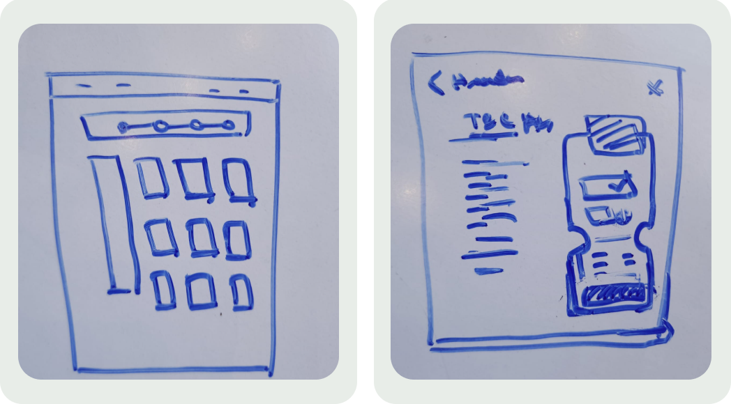 Whiteboard wireframes - the catalogue grid with steps strip, and the redeem dialog with value selection ahead of terms
