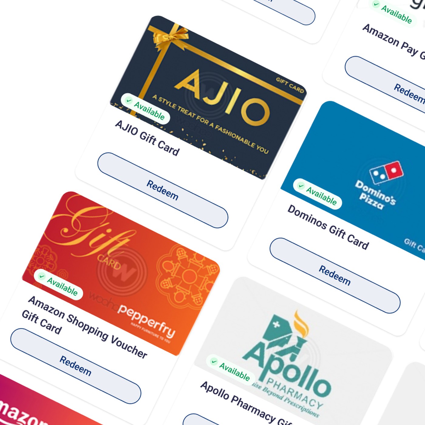 Gift card catalogue - tilted brand gift cards with redeem actions